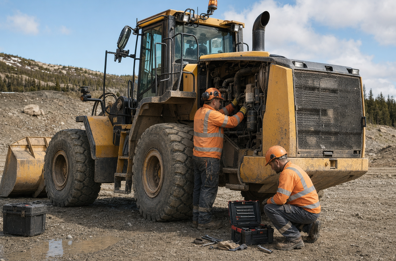 Two workers in orange safety gear repairing the engine of a large yellow wheel loader at a construction site.