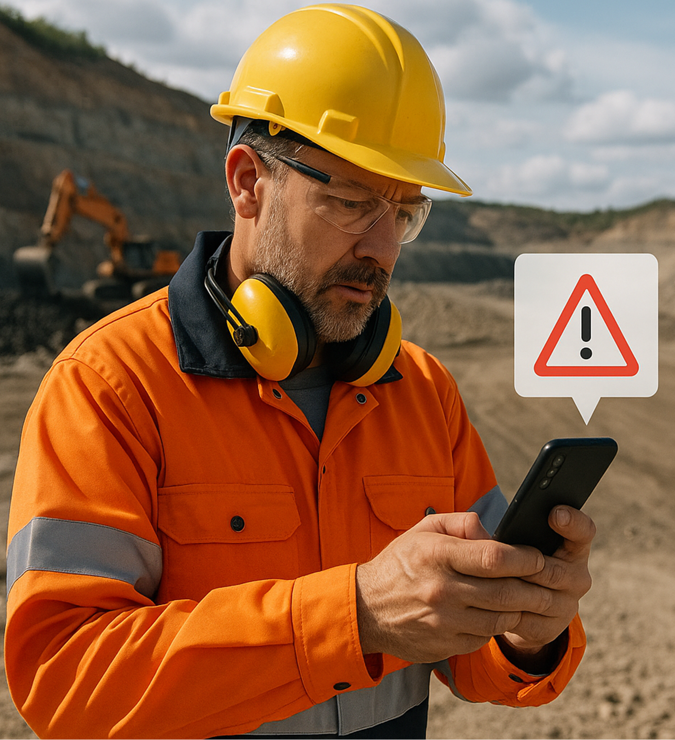 Construction worker in orange safety gear and yellow helmet looking at a phone with a warning alert on screen.