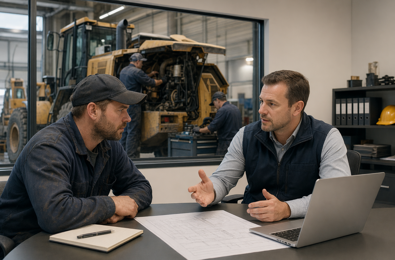 Two men discussing construction plans at a desk with a laptop and blueprint while workers repair heavy machinery in the background.