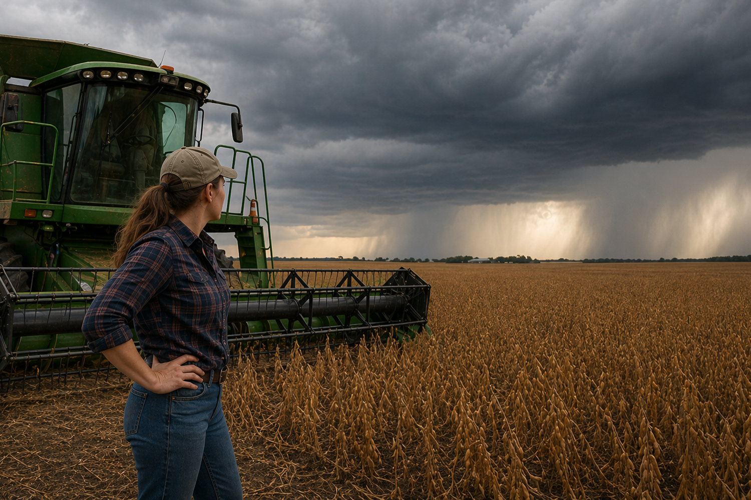 Woman farmer in a cap and plaid shirt standing with hands on hips beside a green combine harvester in a golden soybean field under dark storm clouds with rain in the distance.