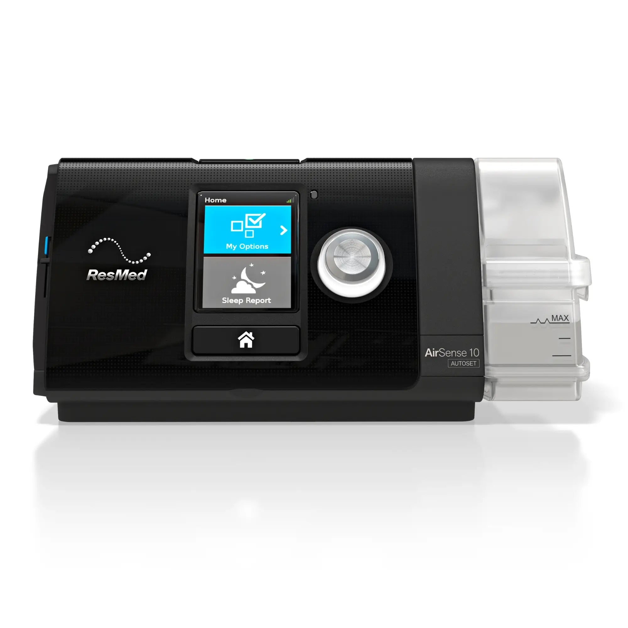 ResMed AirSense 10 AutoSet front view with color display and HumidAir water chamber