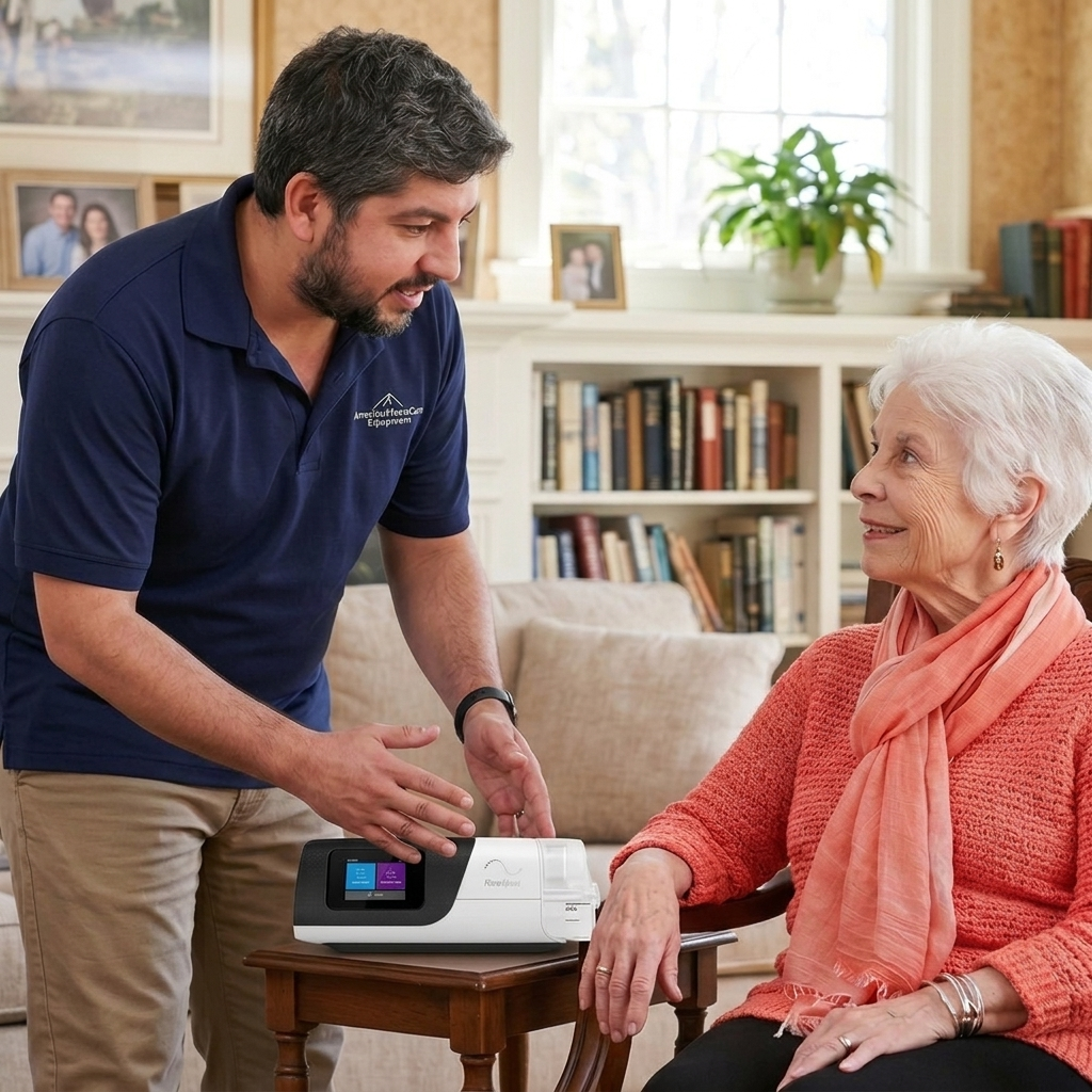AHCEQUIP technician showing a CPAP machine to a patient at home