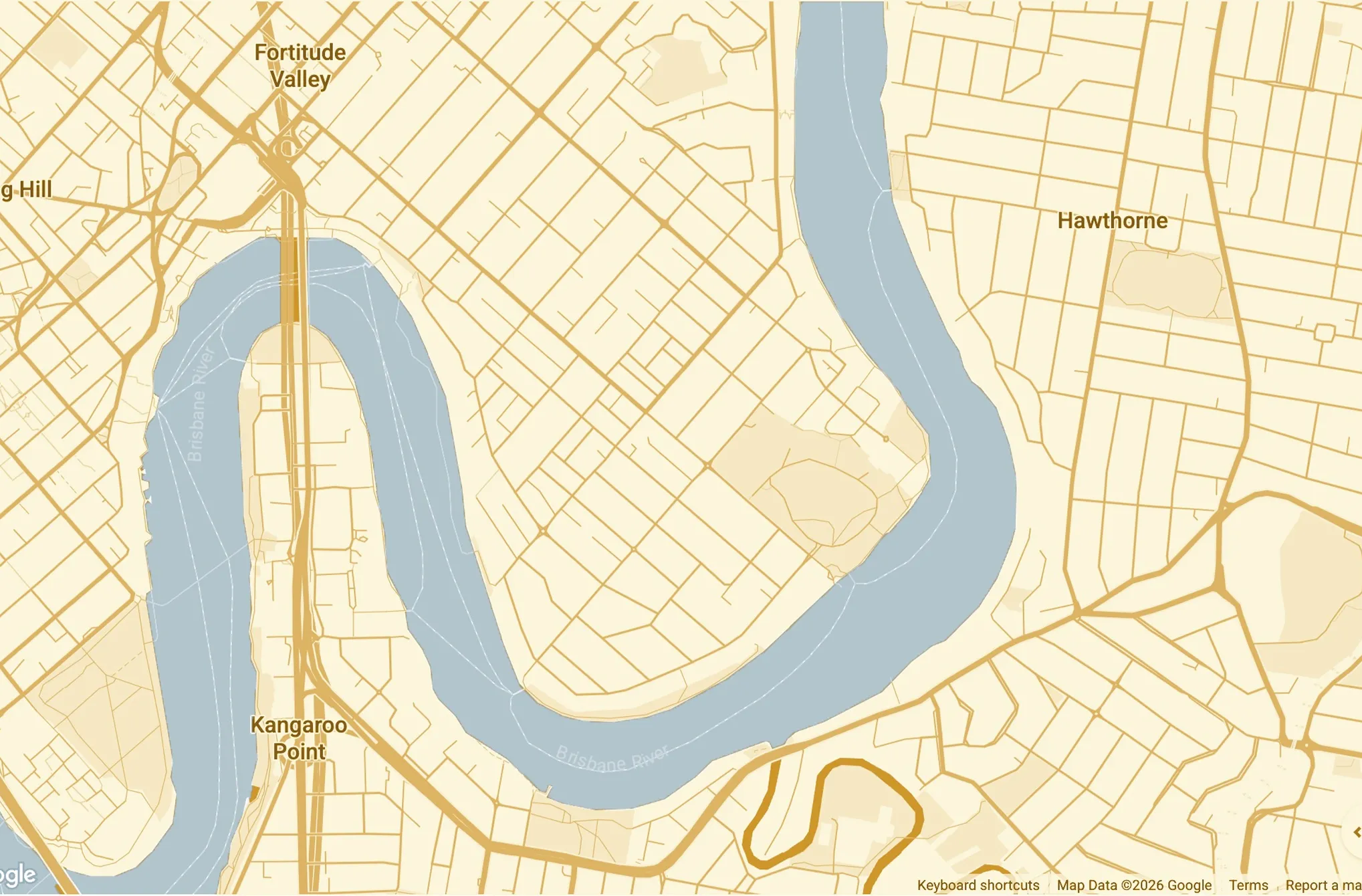 Map of Brisbane River area showing Kangaroo Point, Fortitude Valley, and Hawthorne neighborhoods.