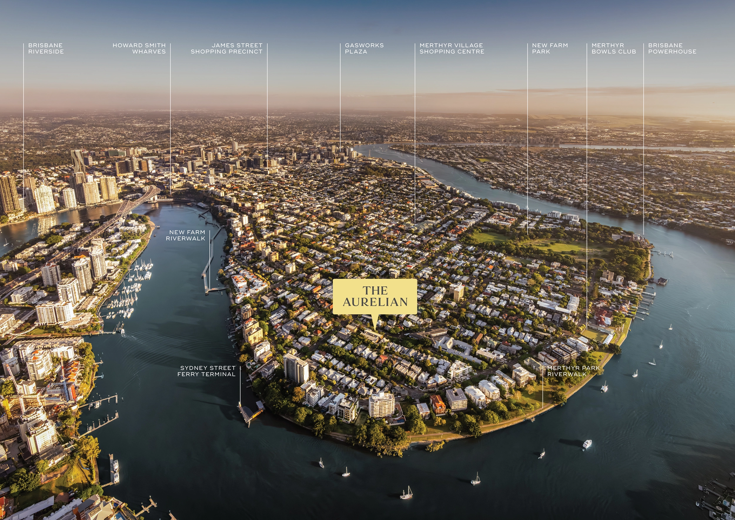 Aerial view of a riverside urban area with labeled locations including The Aurelian at center.