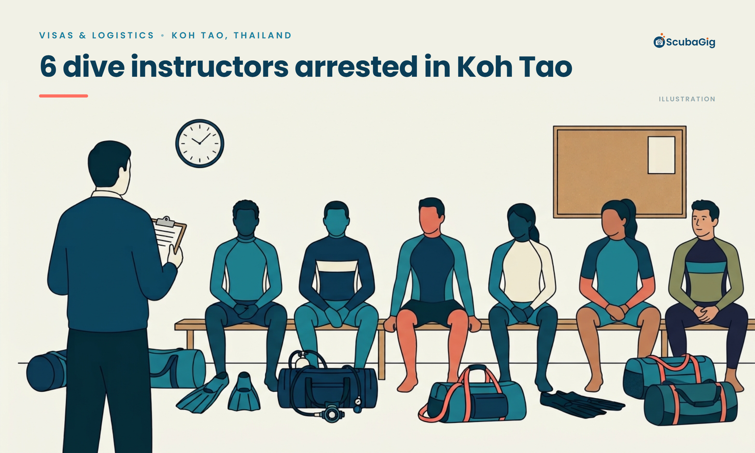 Illustration of six dive instructors sitting on a bench with their dive bags and fins while an official with a clipboard stands in front of them