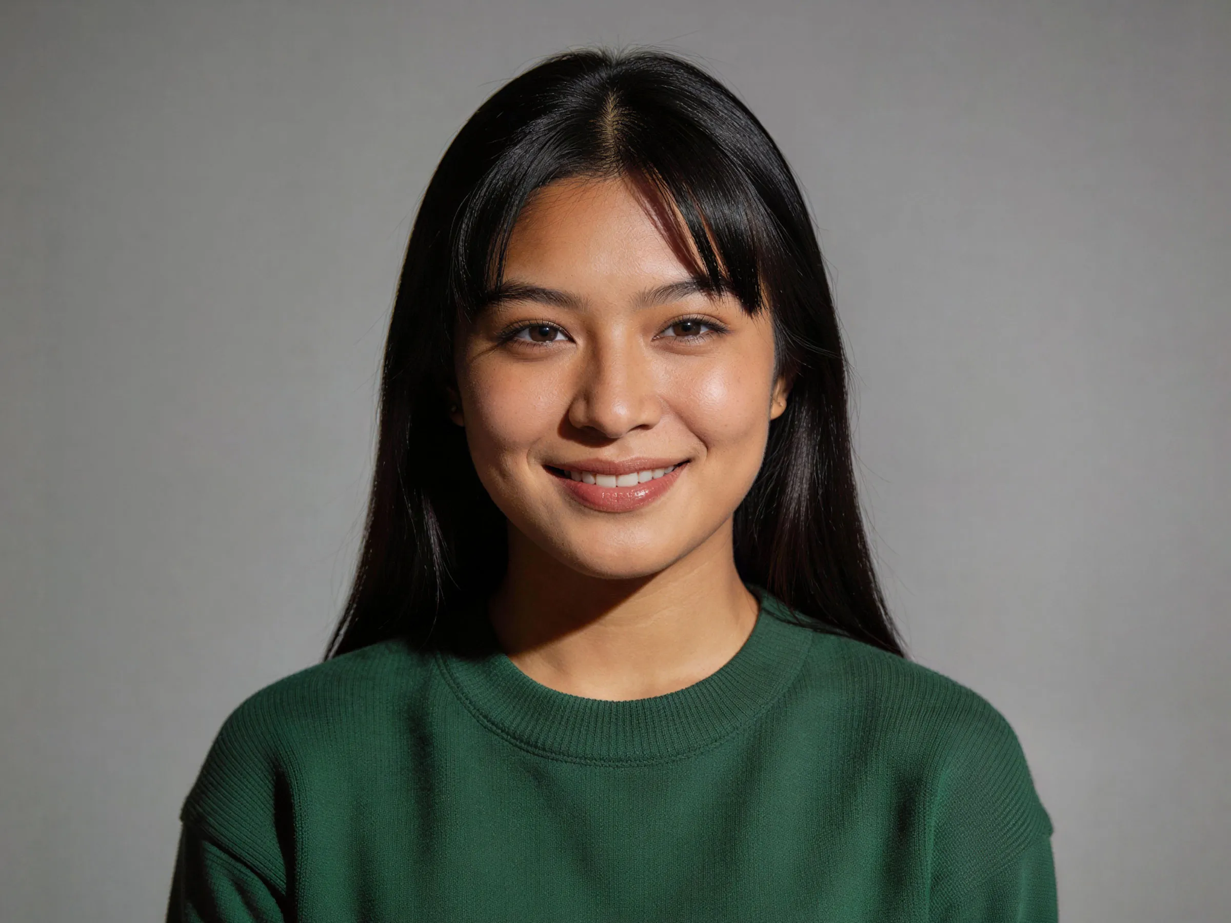 Ein Portrait einer Frau, die einen grünen Pullover trägt und einen leicht asiatischen Anschein macht.