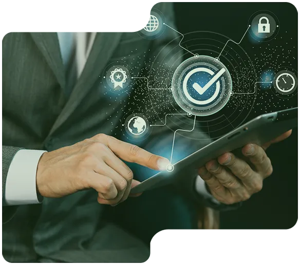 Person in suit using tablet with digital checkmark and security icons floating above screen.