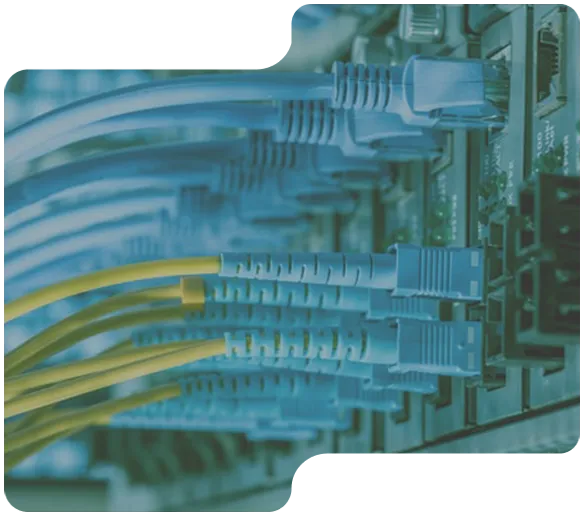 Nätverkskablar anslutna till en panel med olika portar i ett datacenter.