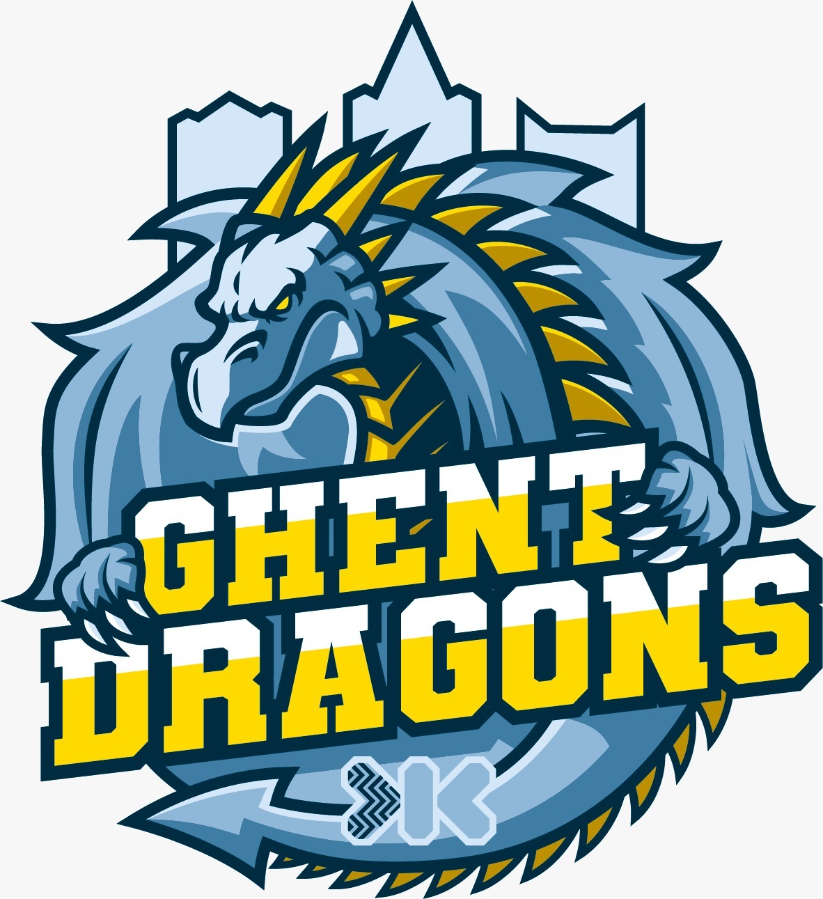 Logo van een blauw met geel draak met scherpe hoorns en klauwen, met de tekst Ghent Dragons en silhouetten van gebouwen op de achtergrond.