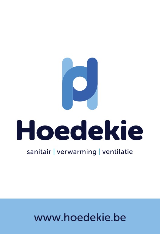 Logo van Hoedekie met de tekst saniteit, verwarming, ventilatie en de website www.hoedekie.be.