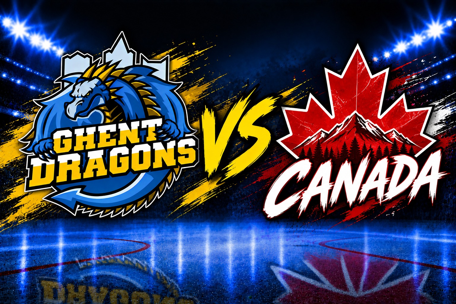Logo van de Ghent Dragons met een blauwe draak en kasteel op de achtergrond tegenover het Canada-teamlogo met een rode esdoornblad en bergen, beide op een ijshockeybaan met felle blauwe verlichting.