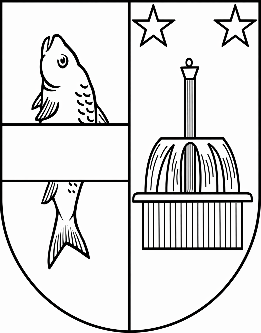 Blason divisé en deux dont la partie gauche montre un poisson verticalement barré au centre, la partie droite une fontaine sous deux étoiles.