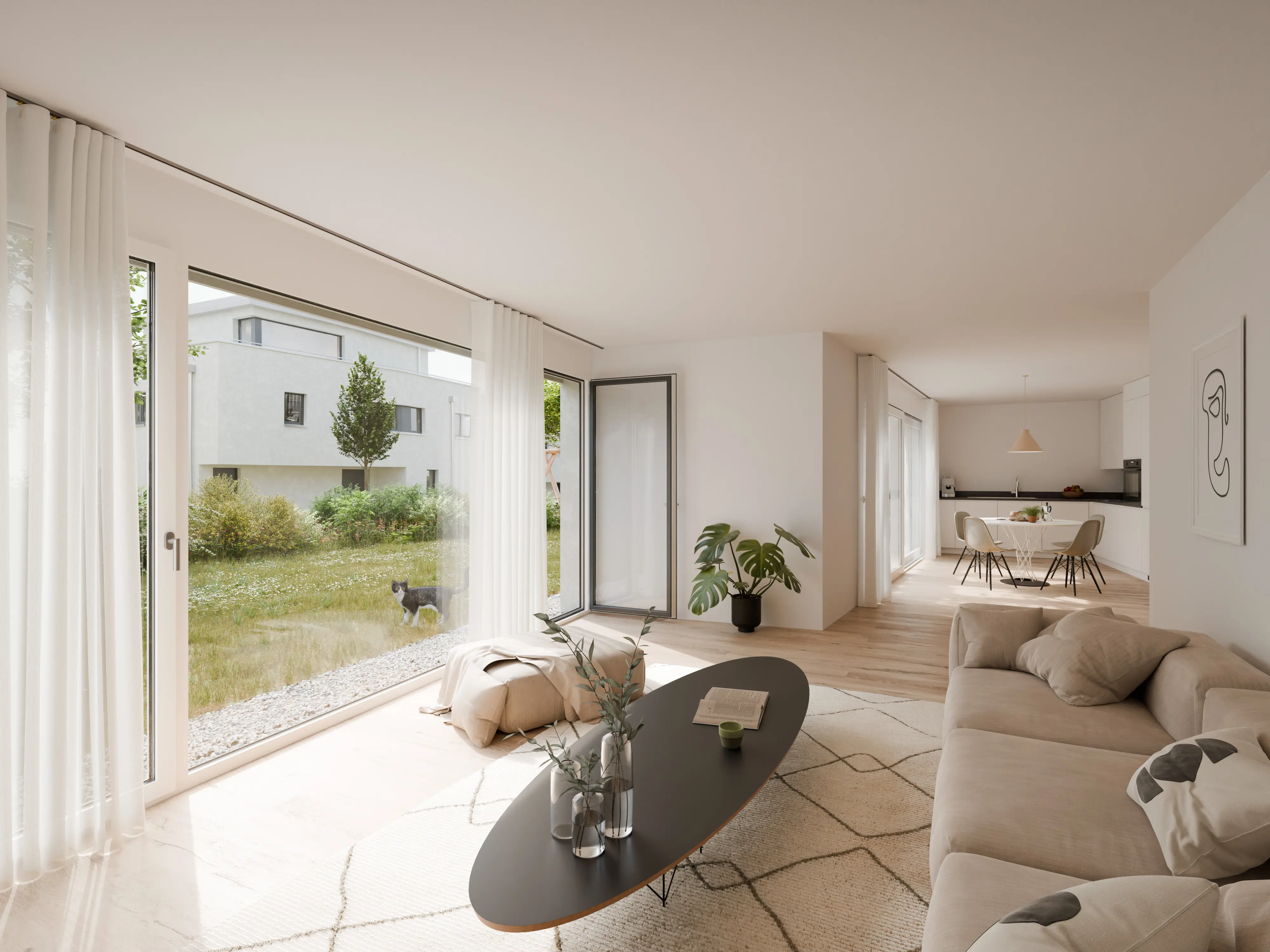 Salon moderne avec grand canapé beige, table basse ovale noire, grandes baies vitrées donnant sur un jardin avec un chat.