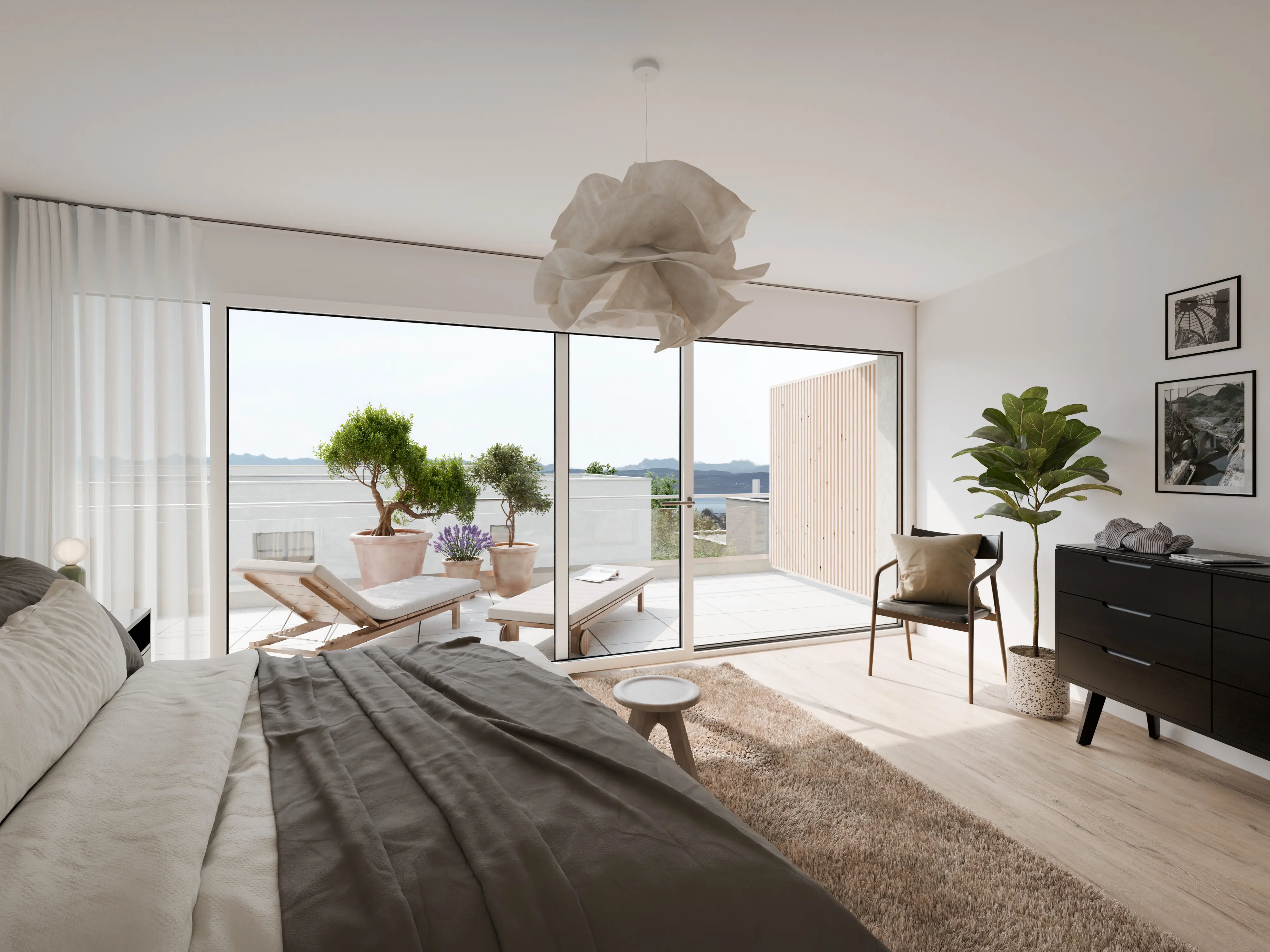 Chambre moderne avec grand lit et baie vitrée donnant sur une terrasse avec chaises longues et plantes en pots.