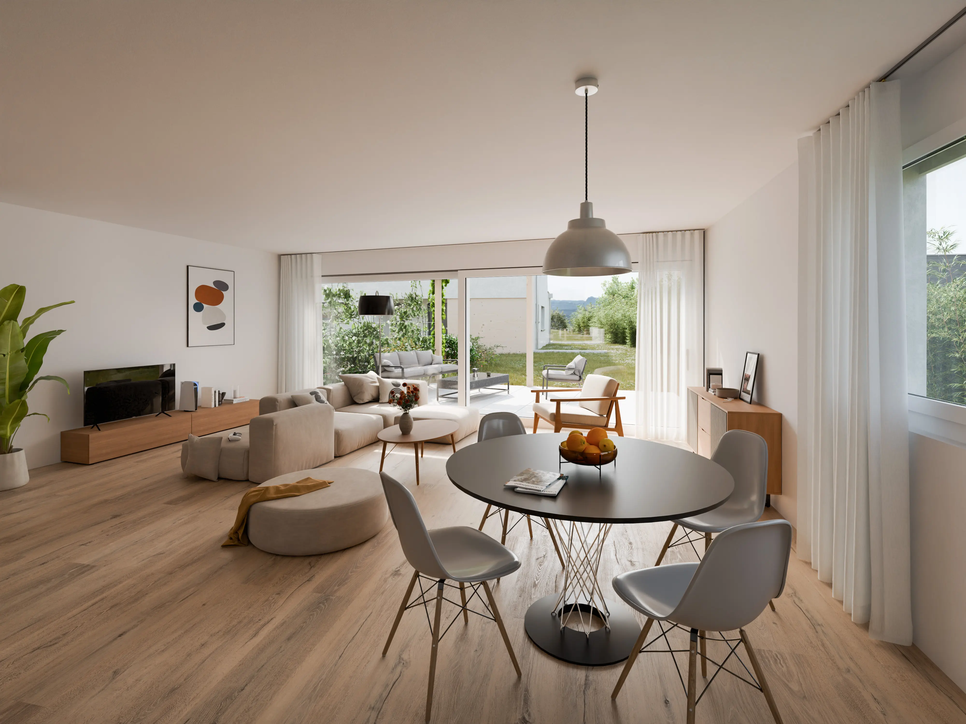 Salon lumineux avec canapé beige, table ronde noire avec chaises grises, et grandes baies vitrées donnant sur un jardin verdoyant.