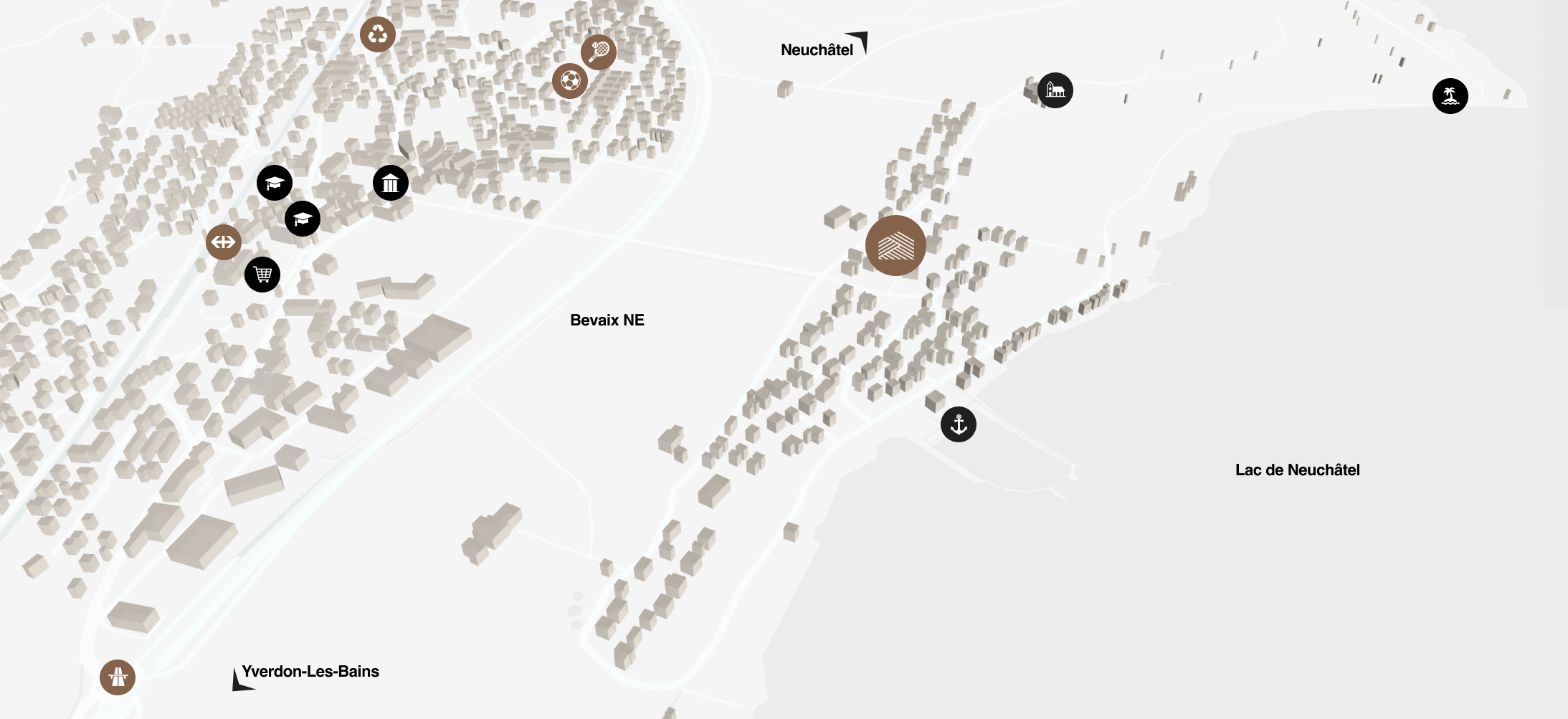 Carte 3D de Bevaix NE au bord du lac de Neuchâtel montrant des bâtiments, routes et icônes pour école, culture, commerce, transport, sport, recyclage, détente et port.