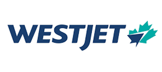 WestJet airline logo with dark blue text and stylized teal maple leaf and airplane symbol.