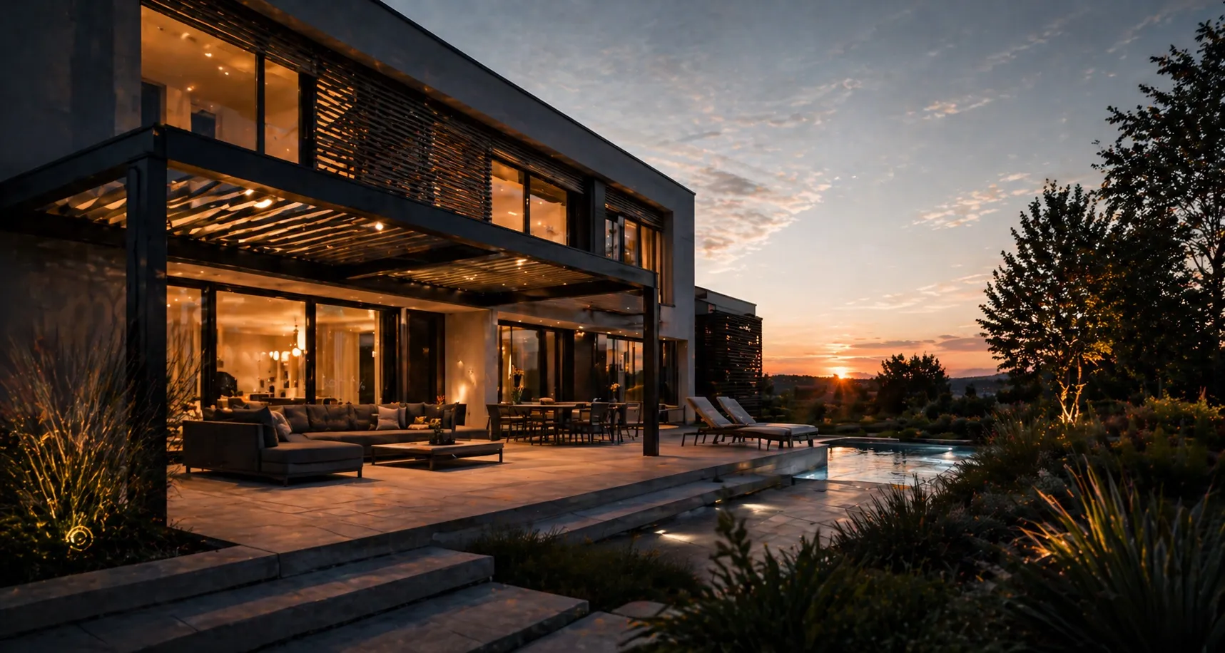 Modern house patio with outdoor sofa, dining area, pool, and sunset in the background.