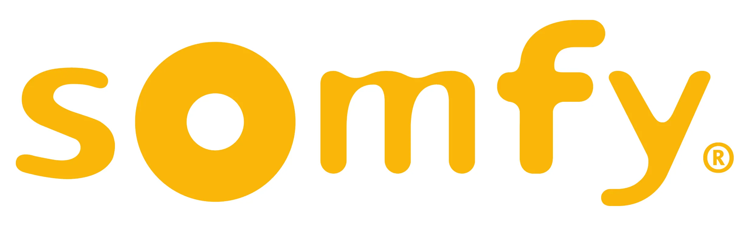 Logo společnosti Somfy v žluté barvě na bílém pozadí.