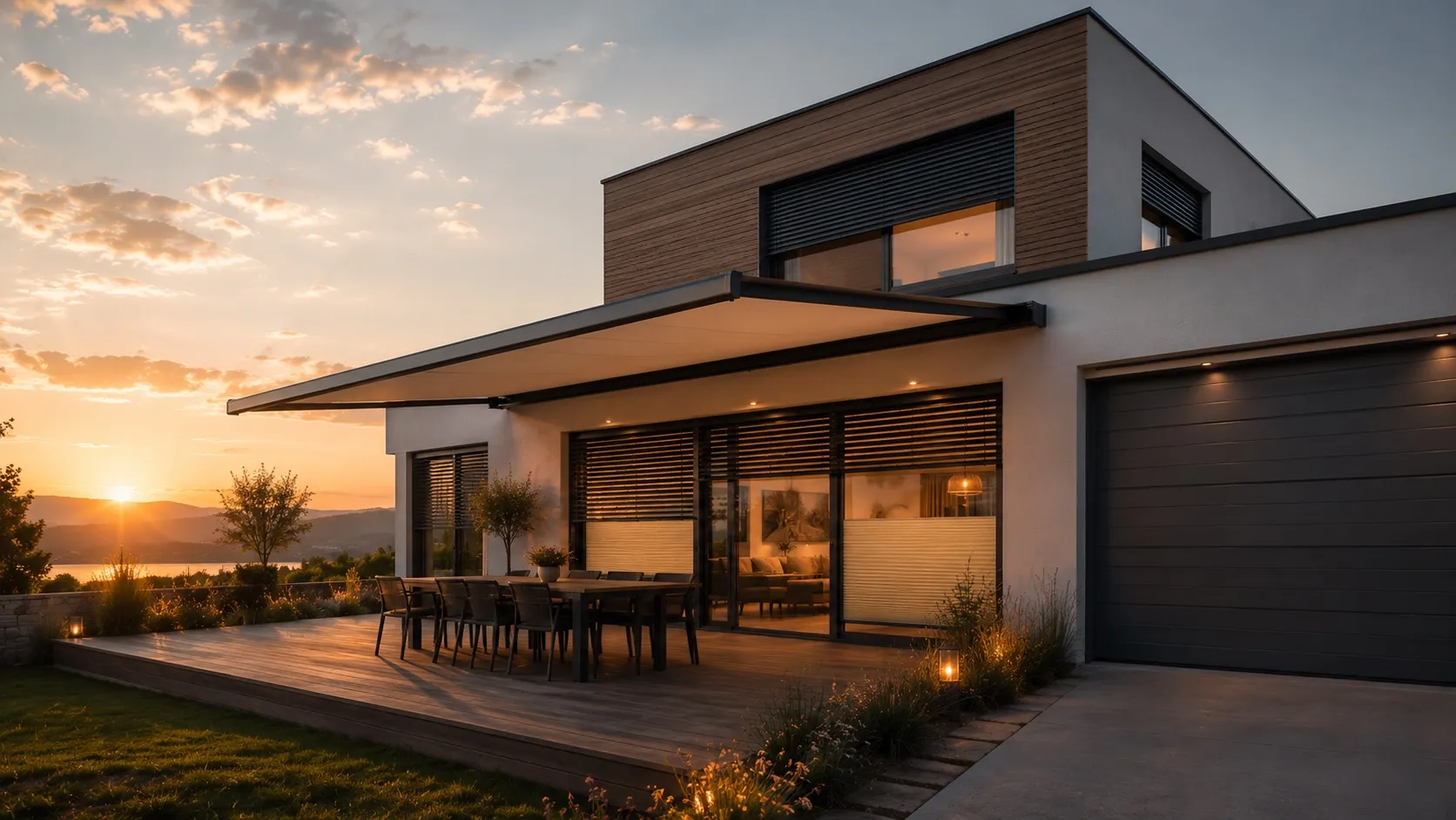 Modern house with wooden patio, outdoor dining set, and sunset over distant hills and water.