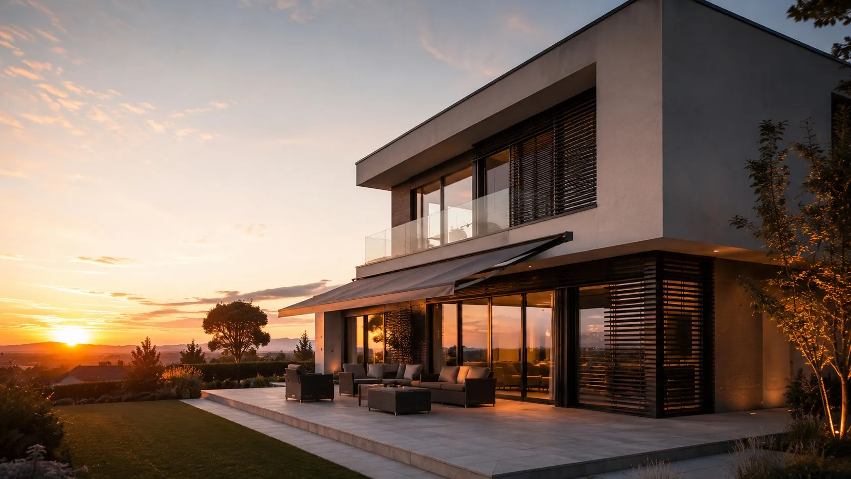 Modern two-story house patio at sunset with outdoor seating and glass balcony.