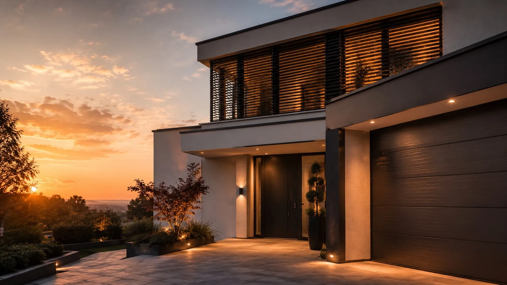 Modern house entrance at sunset with illuminated doorway, garage, plants, and a tiled driveway.