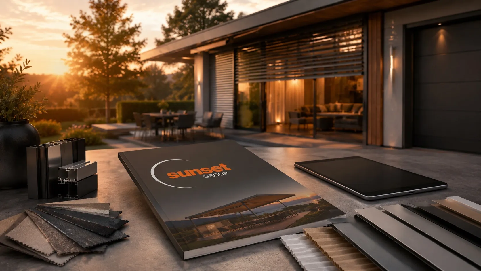 Stůl s katalogem Sunset Group, vzorky materiálů a tabletem před moderním domem za soumraku.