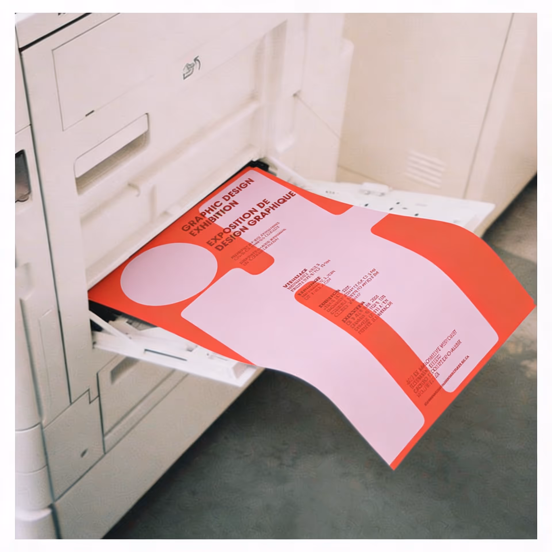 image generated by magnific AI  - A red and pink graphic design exhibition poster is being printed from a white printer.