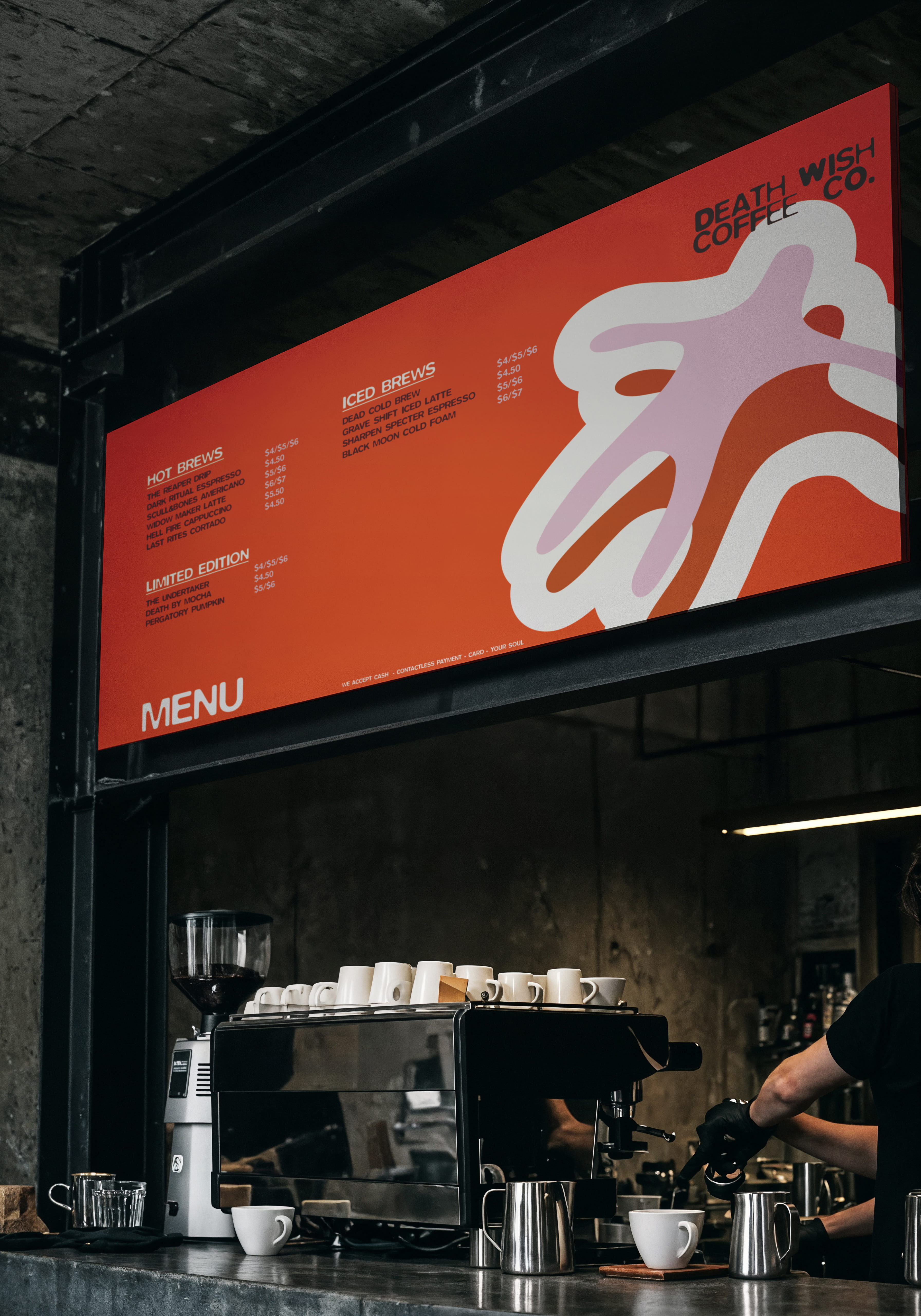 mockup found on magnific -Barista in black gloves prepares coffee with espresso machine under a red Death Wish Coffee menu board.