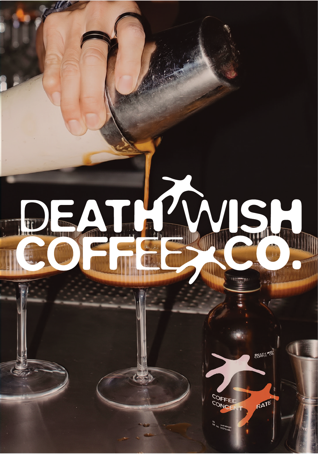  image generated by magnific AI -Hand pouring coffee from a shaker into cocktail glasses with Death Wish Coffee Co. branding.