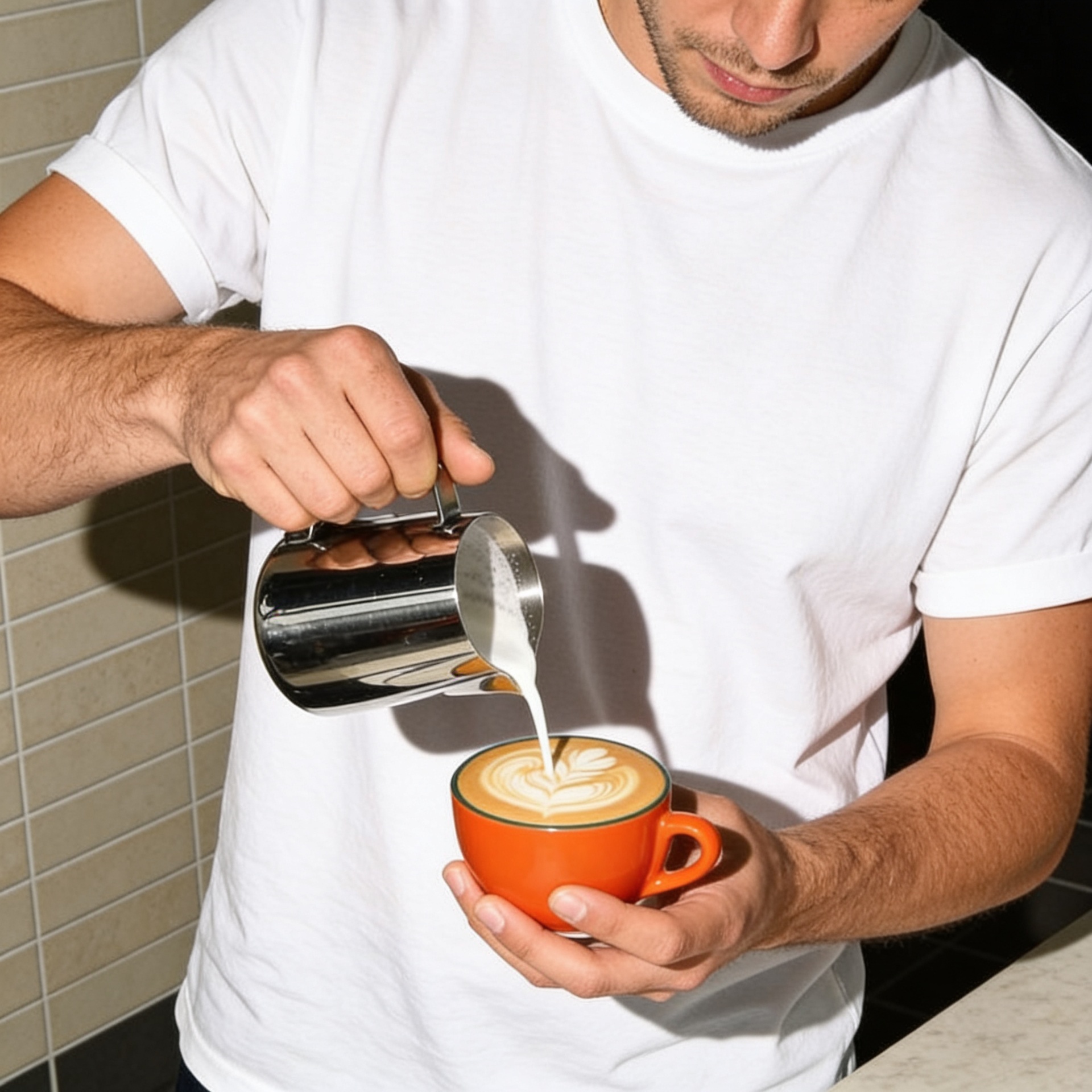 image generated by magnific AI - Man pours steamed milk into orange cup to create latte art in coffee.