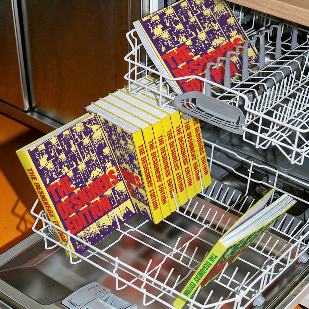 image generated by magnific AI -Stack of books titled The Designers’ Edition arranged inside an open dishwasher.