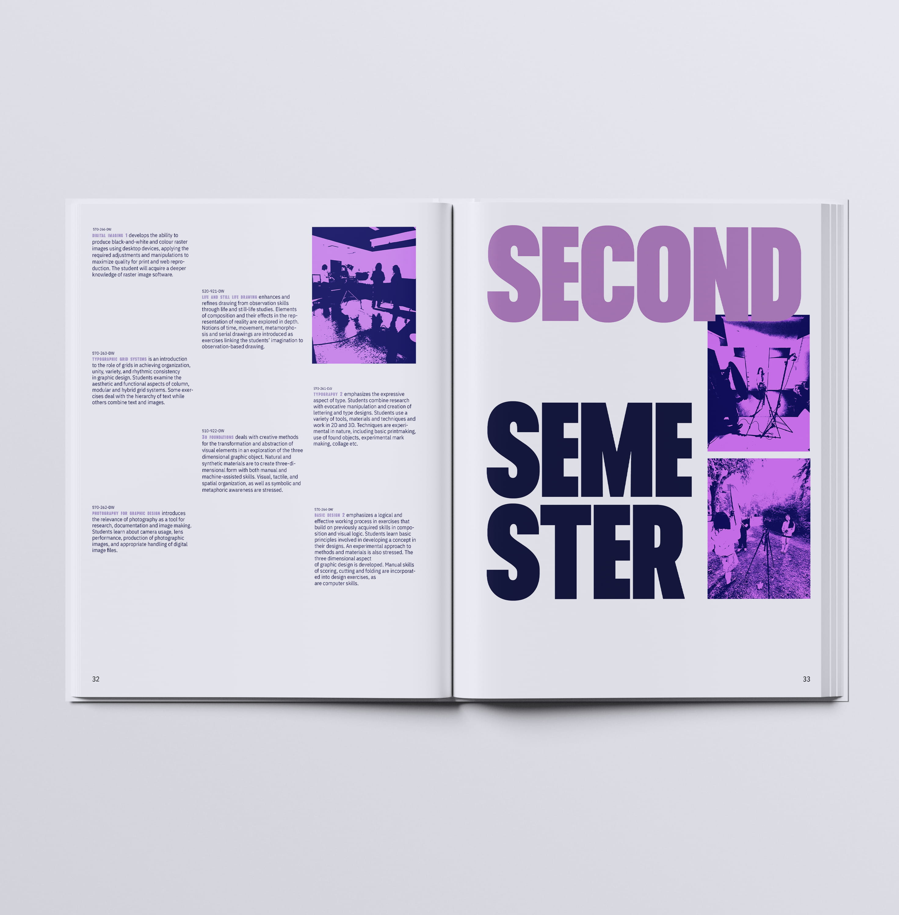mockup found on magnific -Open magazine spread with text and purple-toned photos, large text reads 'SECOND SEMESTER'.