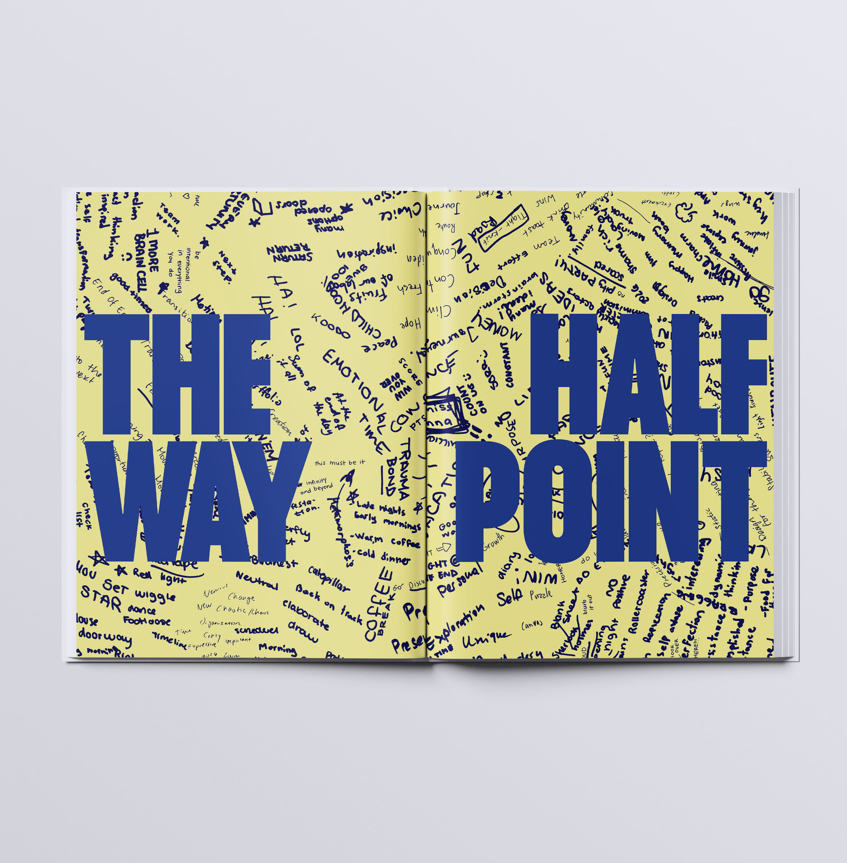 mockup found on magnific -Open book spread with large bold text 'THE WAY HALF POINT' over handwritten notes on light yellow pages.