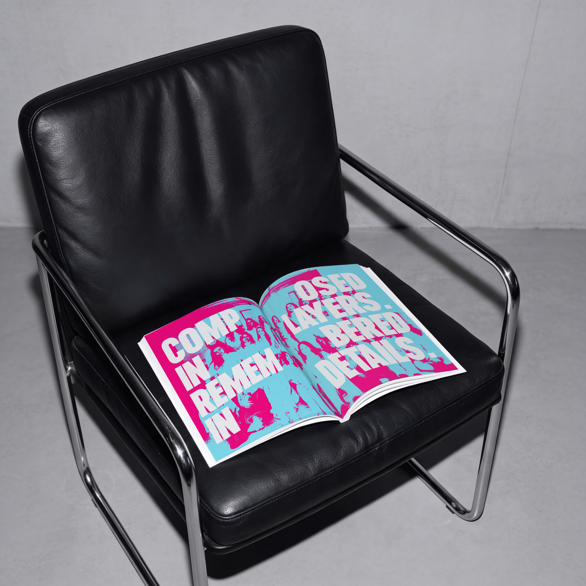 image generated by magnific -Open book with bold white text on bright pink and blue pages placed on a black leather chair with metal frame.