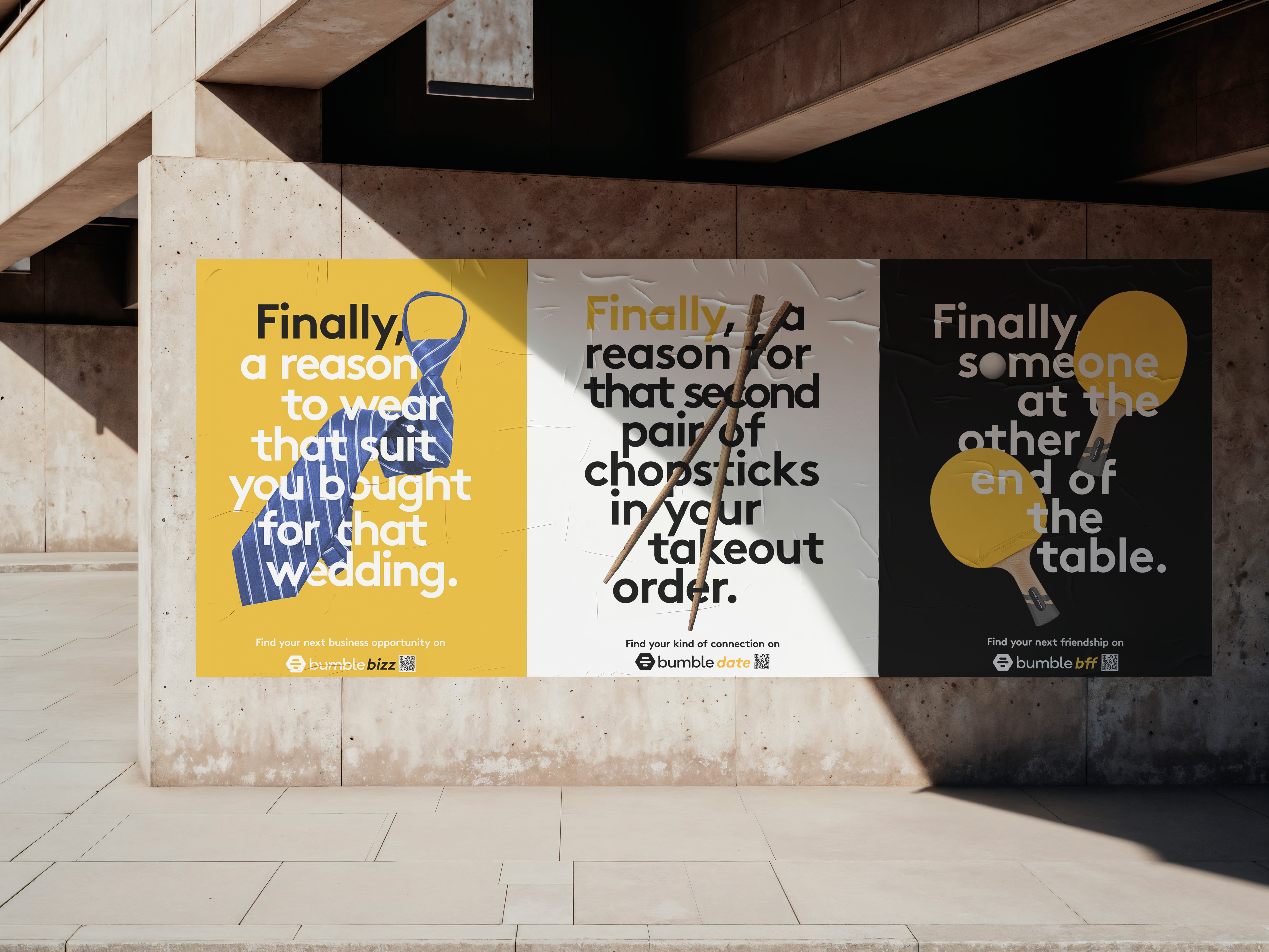 mockup found on magnific-Three posters promoting Bumble services: business suit, chopsticks, and ping pong paddles with text.