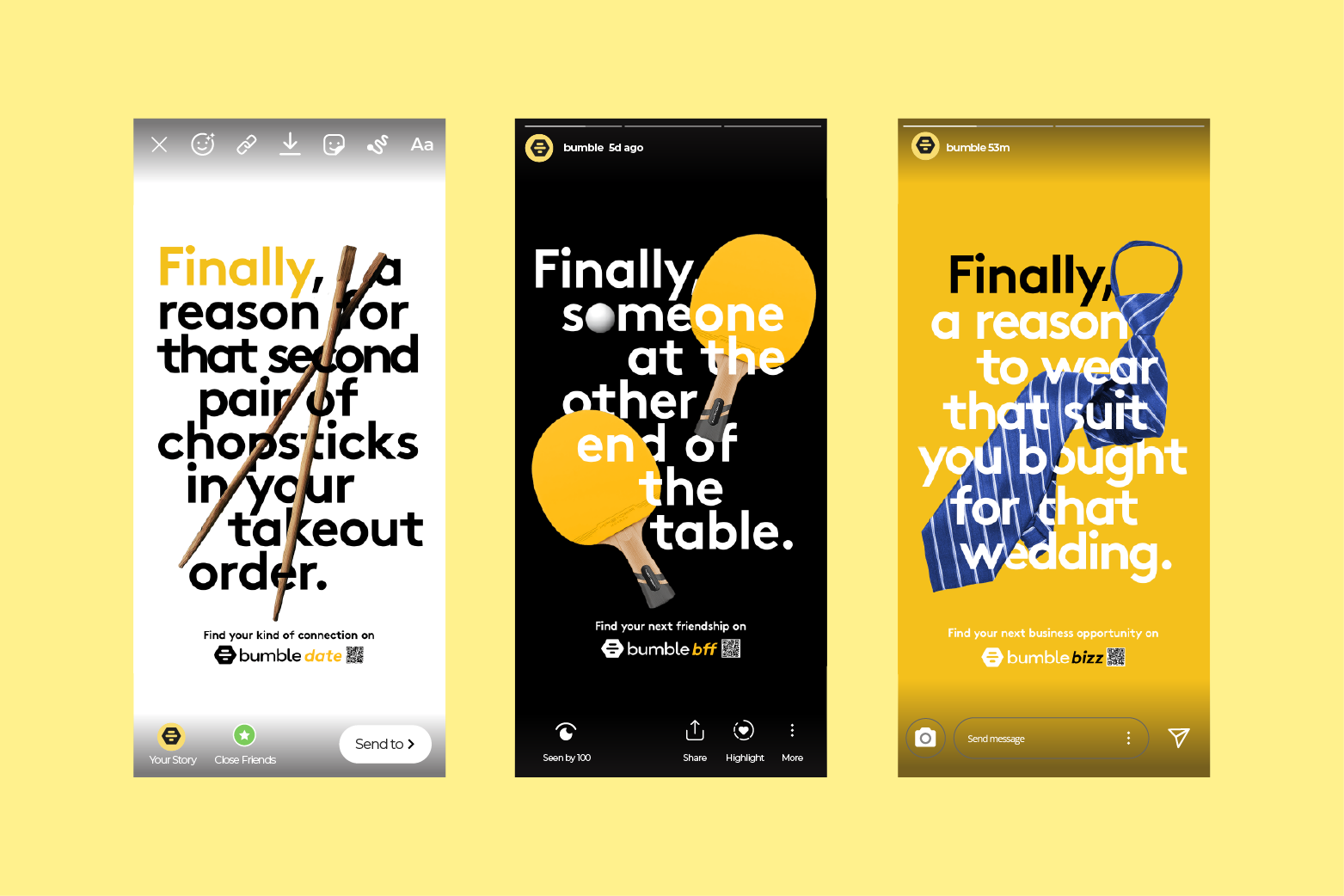 mock up found on magnific - Three Bumble ads each with a headline and related items: chopsticks, ping pong paddles, and a striped suit tie.