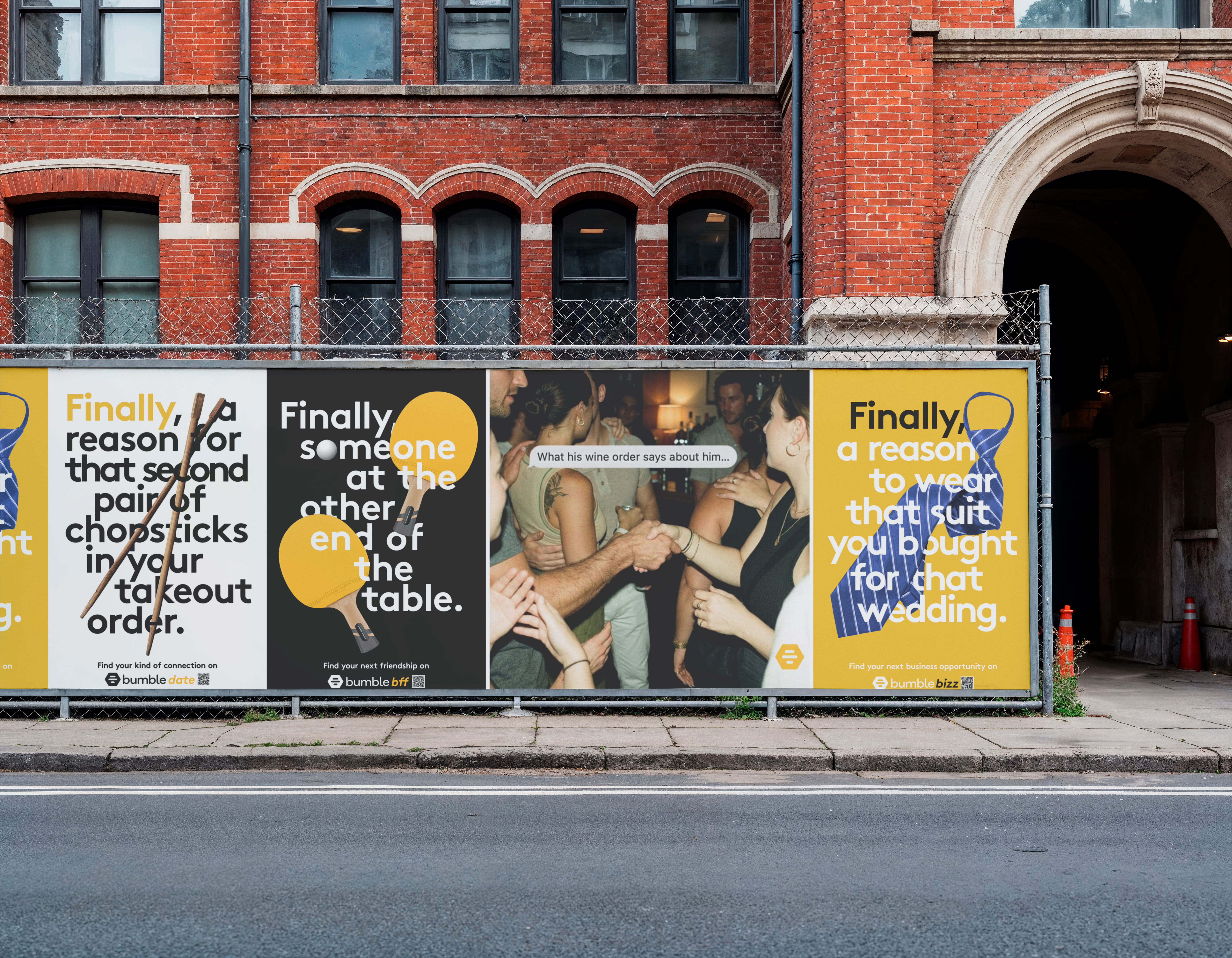 mockup from magnific - Three Bumble ads on a fence showing social connection ideas, including chopsticks, ping pong paddles, and a tie.