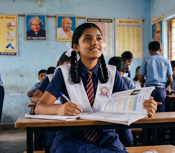 A student in a blue school uniform with braided hair sits at a desk, holding an open textbook. Behind her, other students are engaged at their desks in a classroom with educational posters on the walls.