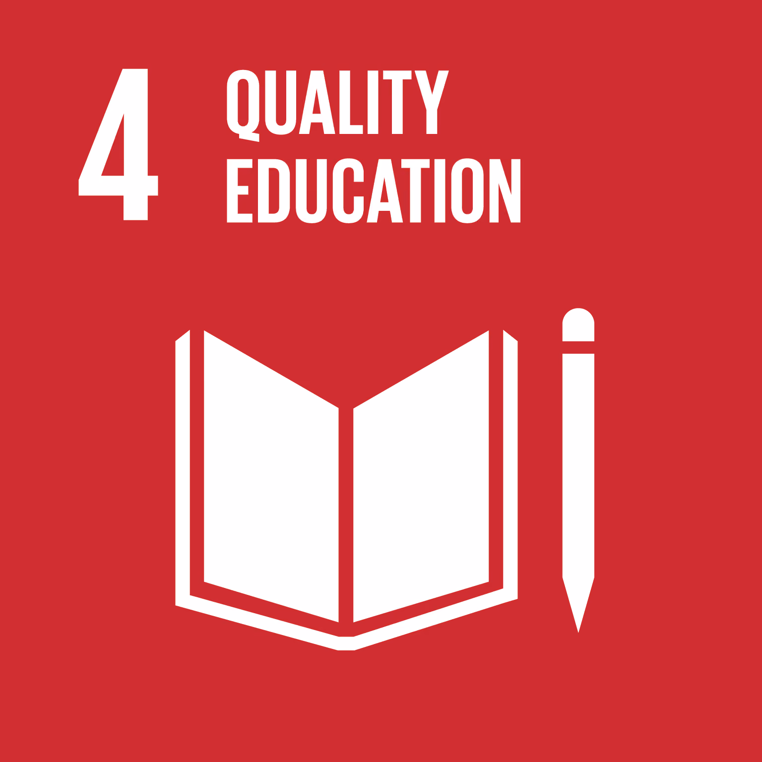 A red background features an open book icon with a white outline, accompanied by a pencil icon. The text "4 QUALITY EDUCATION" appears above the book in bold white letters, conveying a focus on education.