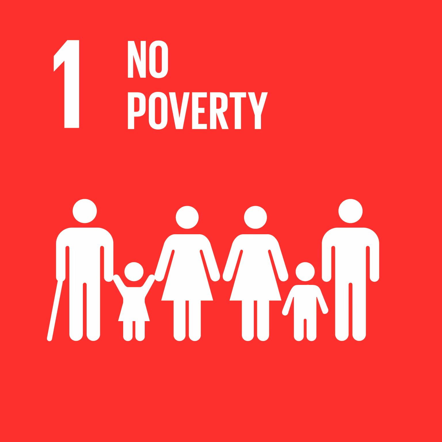 An illustration depicting a diverse group of five human figures on a red background. The figures, shown in white, include a person using a cane, a child, a woman, and two adults. Above the group, the text reads '1 NO POVERTY'.