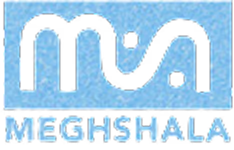 Logo with stylized black 'm' and 'a' above the word MEGHSHALA in light blue letters.