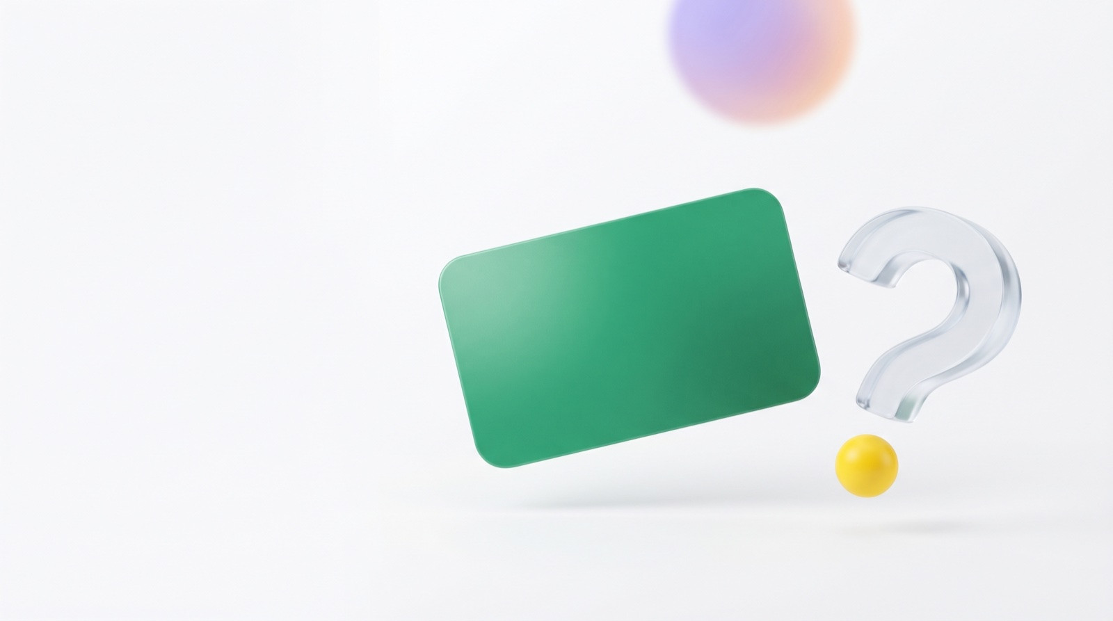 Green review card with translucent glass question mark