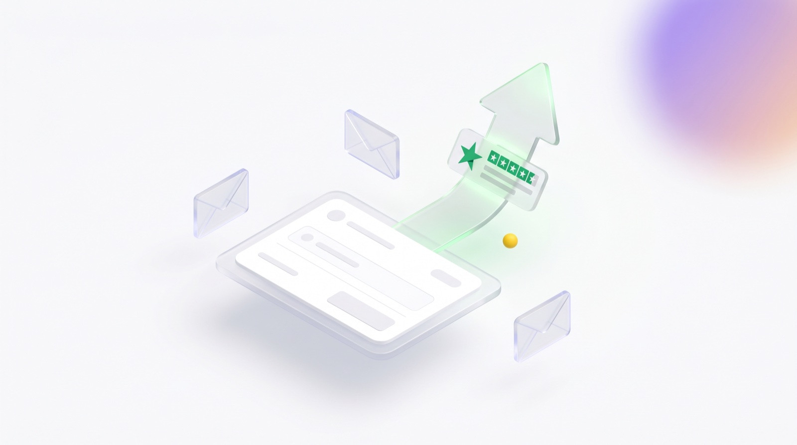 Shopify checkout card with green Trustpilot widget rising on an arrow surrounded by review-invite envelopes
