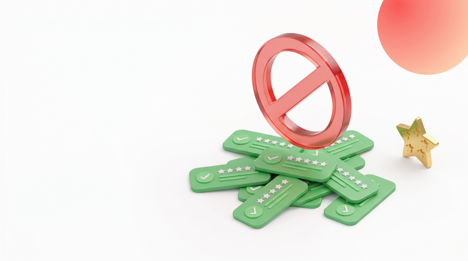 Pile of suspiciously identical green review cards with red prohibition symbol and one untouched gold star