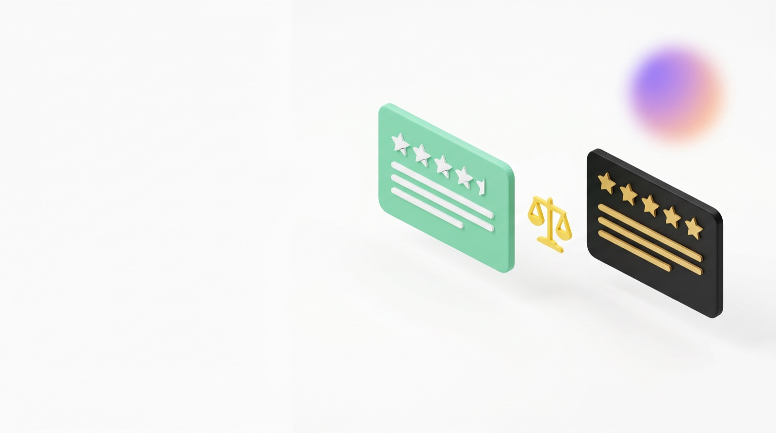 Two review cards side by side green and black with a yellow scale balance icon between them