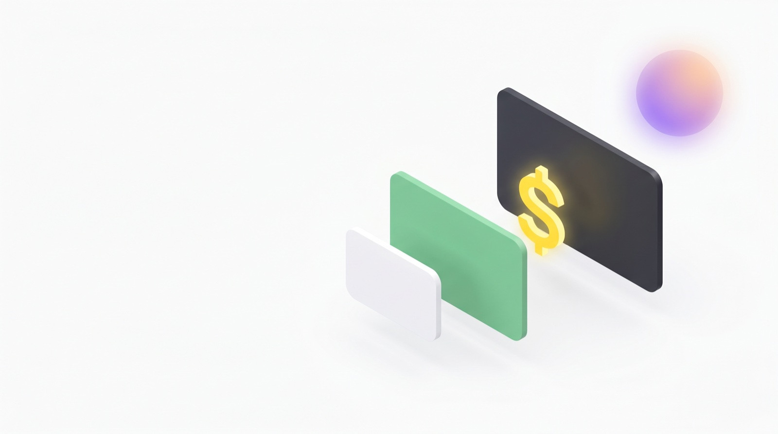 Three pricing-tier cards floating with a yellow dollar sign accent