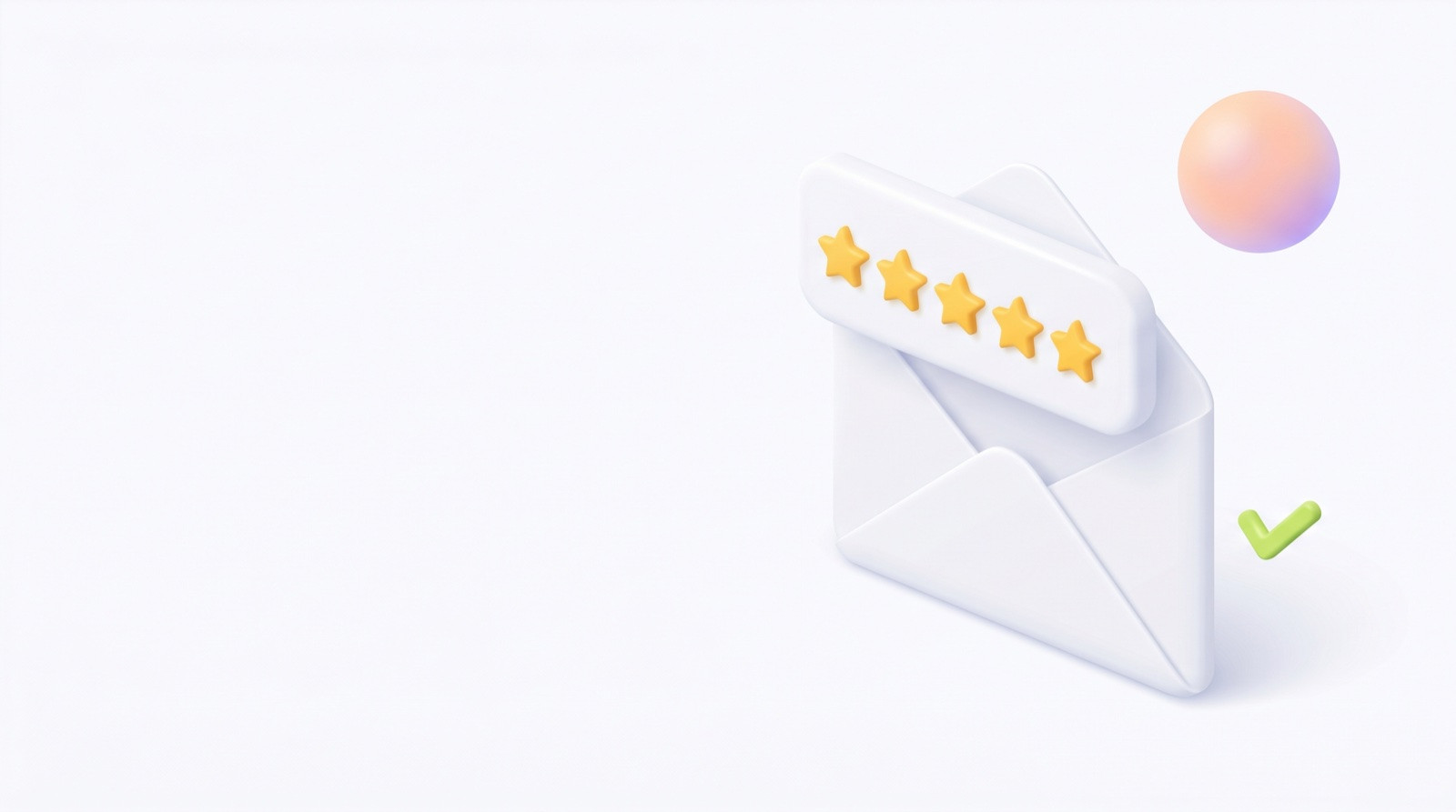 White email envelope card revealing 5 yellow stars rating, with green checkmark