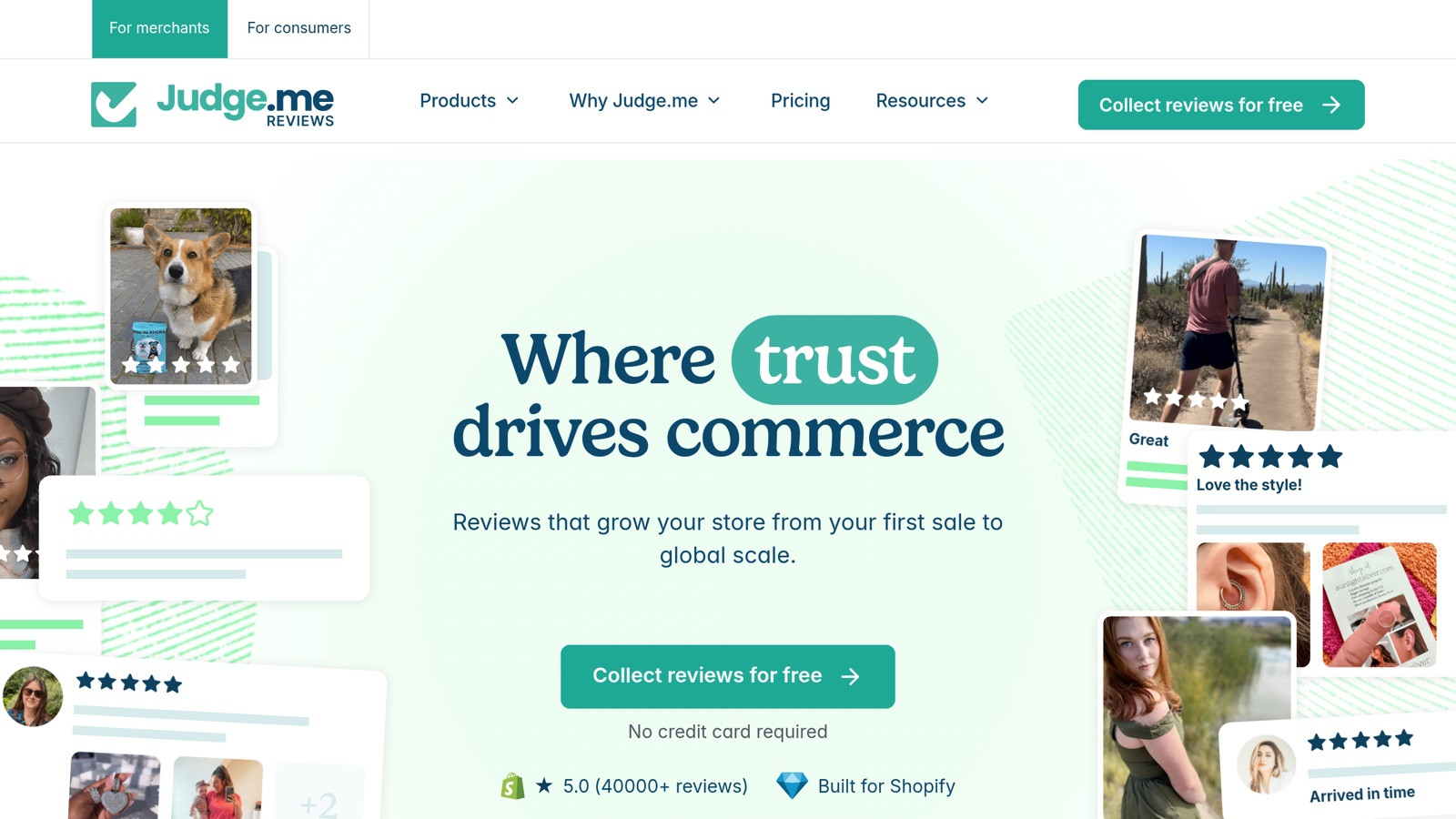 Judge.me's homepage emphasizes its Shopify-native positioning (