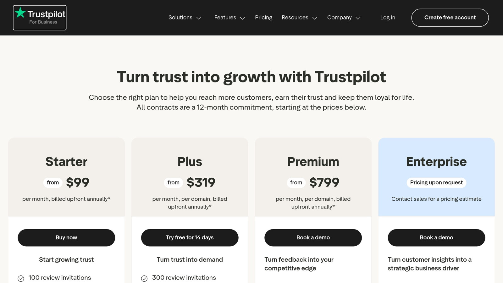 Trustpilot pricing page